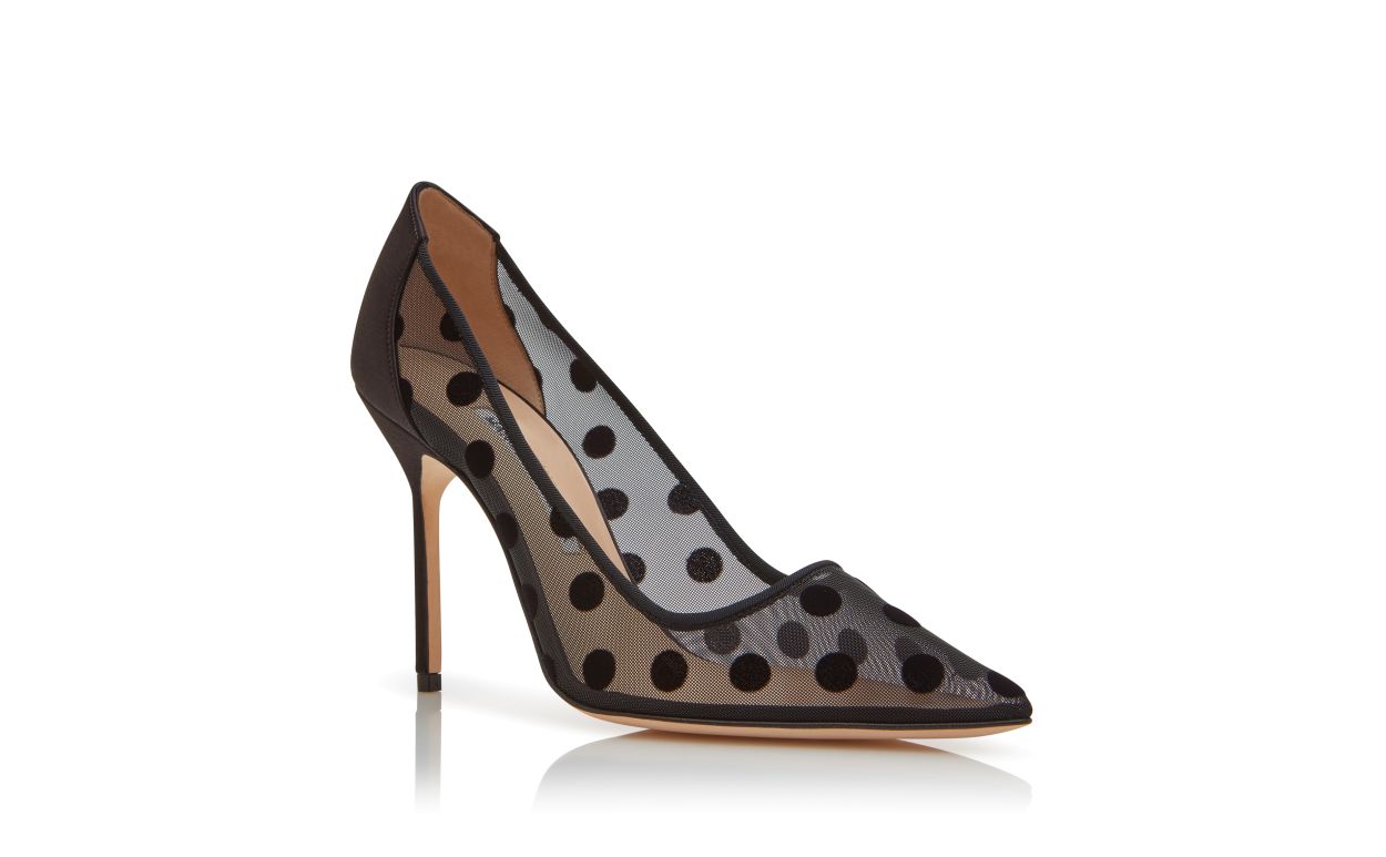 Designer Black Mesh Polka Dot Pointed Toe Pumps - Image Upsell