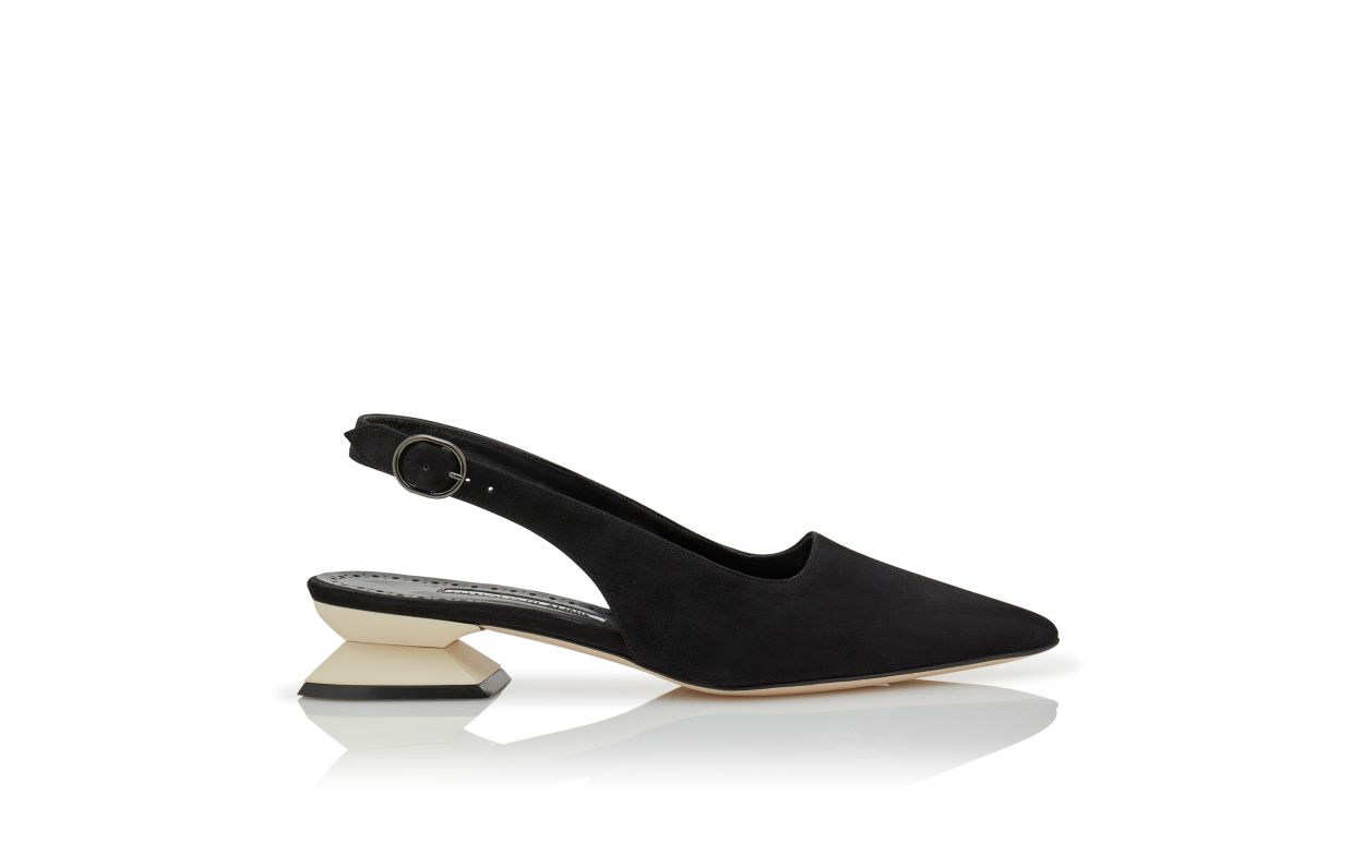 Designer Black and Ivory Suede Slingback Mules - Image Side View