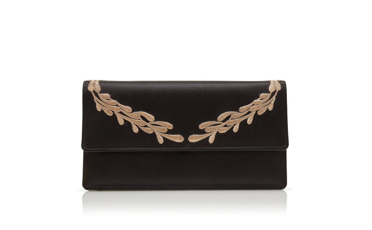 Designer Black and Gold Satin Clutch - Image Side View