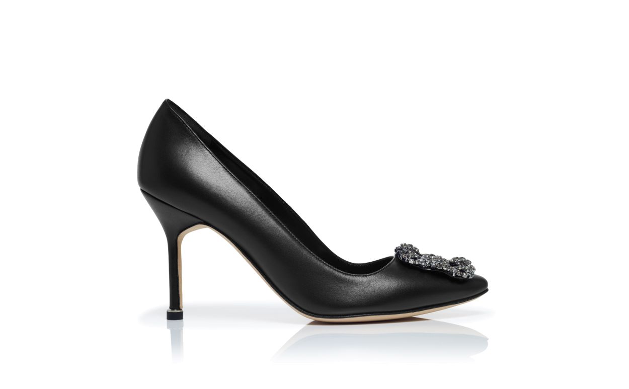 Designer Black Calf Leather Jewel Buckle Pumps - Image Side View