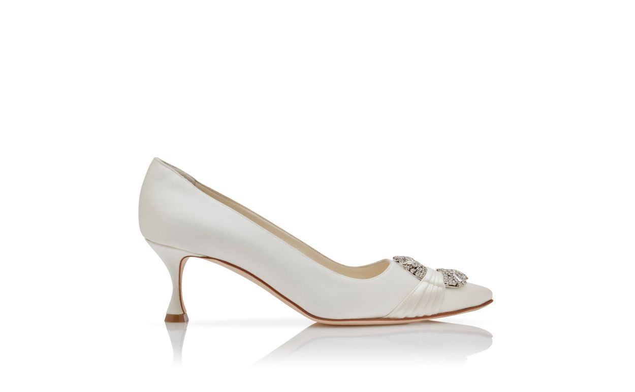Designer Cream Satin Embellished Buckle Pumps  - Image Side View