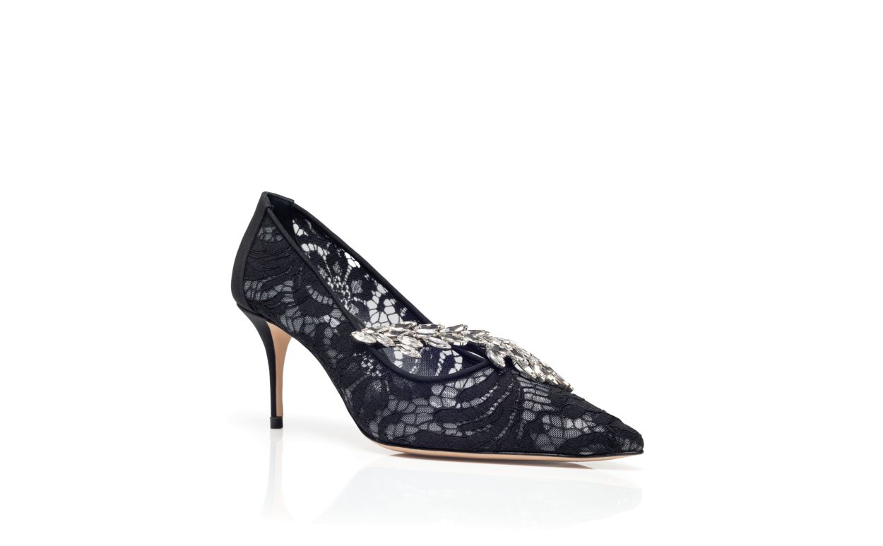 Designer Black Lace Jewel Buckle Pumps - Image Upsell View