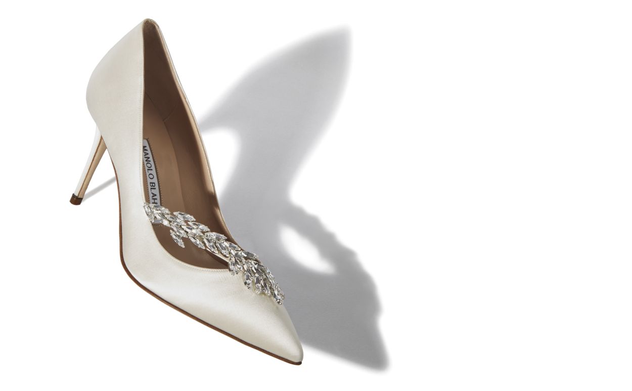 Designer White Satin Jewel Buckle Pumps - Image Main