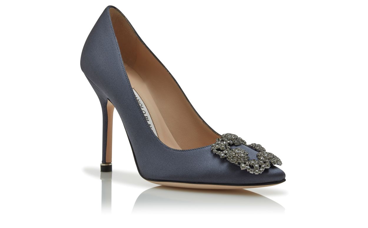 Designer Dark Grey Satin Jewel Buckle Pumps - Image Upsell View