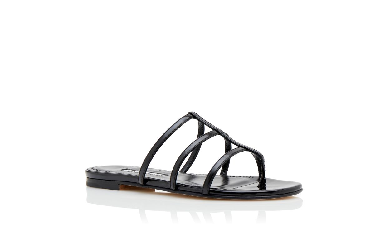 Designer Black Patent Leather Strappy Flat Sandals  - Image Upsell