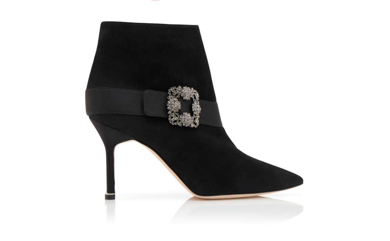 Designer Black Suede Jewel Buckle Ankle Boots  - Image thumbnail