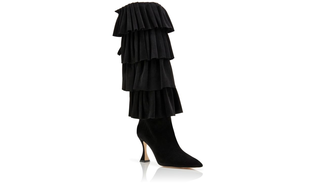 Manolo Blahnik Miralone Black Suede Ruffled Knee High Boots