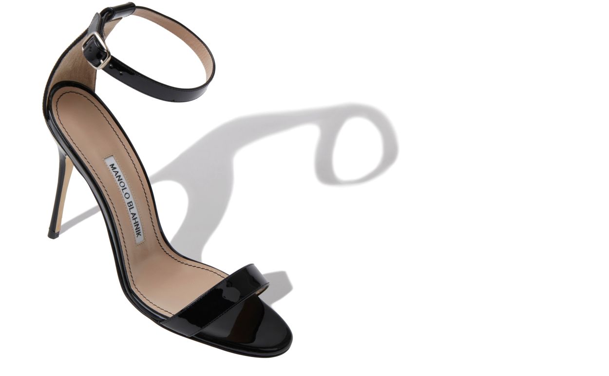 Designer Black Patent Leather Ankle Strap Sandals - Image Main