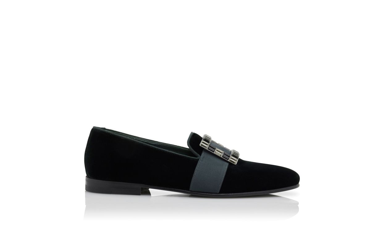 Designer Dark Green Velvet Buckled Loafers - Image Side View