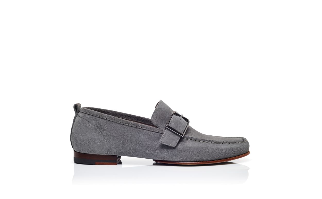 Designer Grey Suede Buckle Slippers - Image Side View