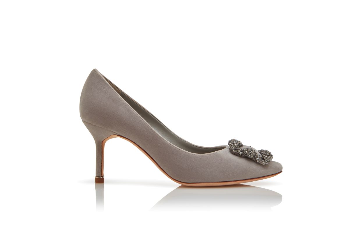 Designer Grey Velvet Jewel Buckled Pumps - Image Side View