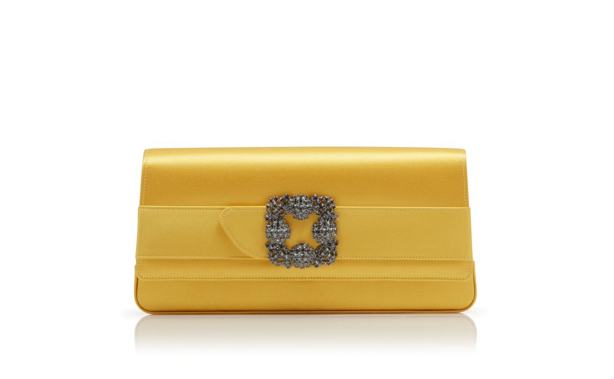 Designer Yellow Satin Jewel Buckle Clutch - Image Side View