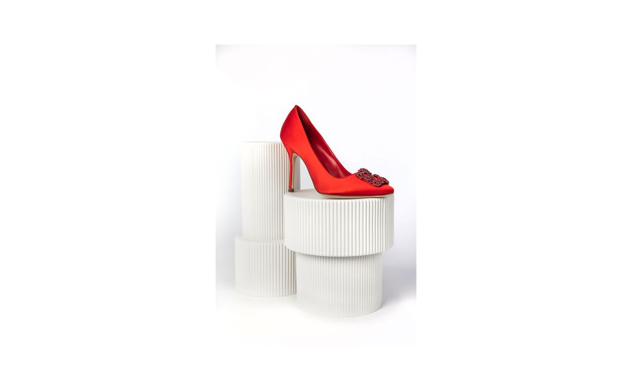 Designer Red Satin Jewel Buckle Pumps - Image 