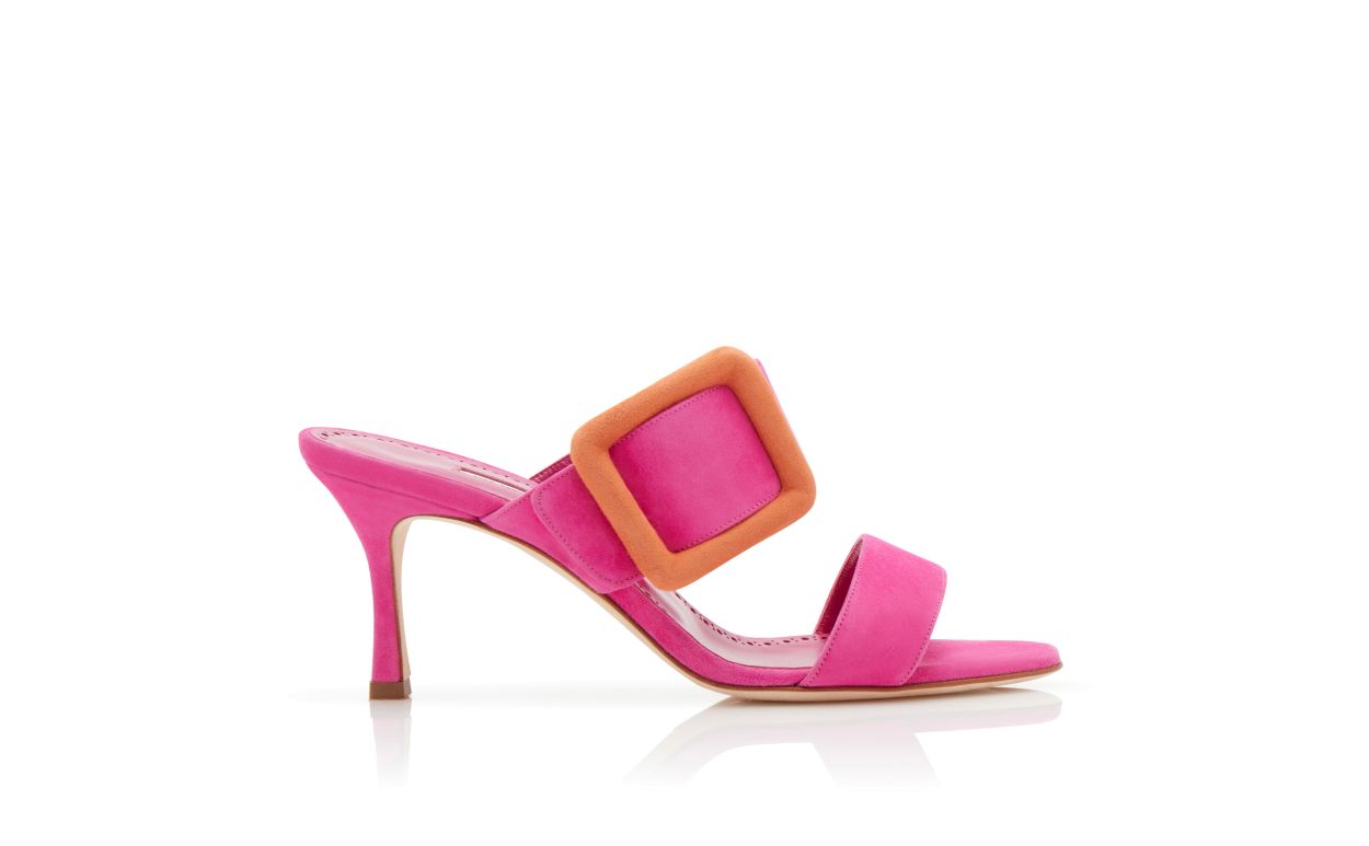 Designer Bright Pink and Orange Suede Buckle Mules - Image Side View