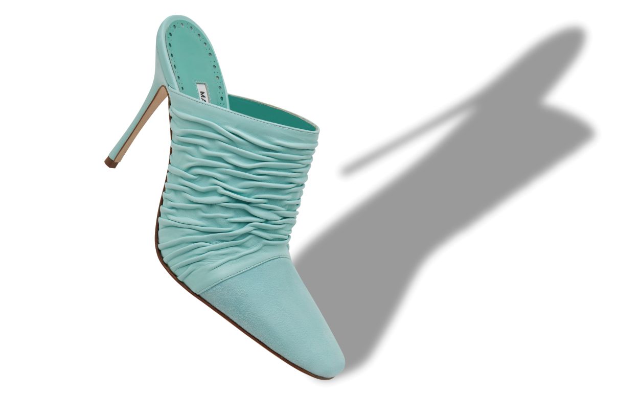 KOTA | Light Blue Nappa Leather Gathered Mules | Manolo Blahnik