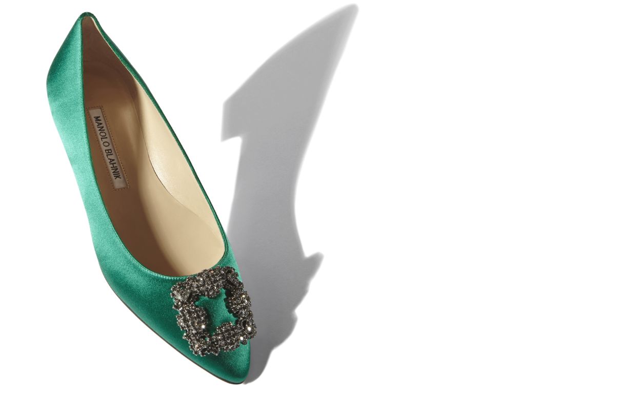 Designer Green Satin Jewel Buckle Flat Pumps - Image Main