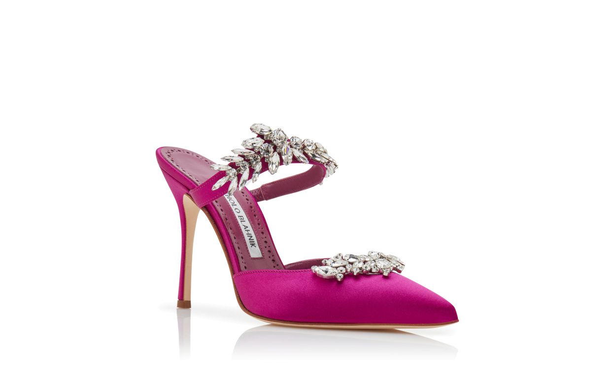 Designer Fuchsia Satin Crystal Embellished Mules - Image Upsell