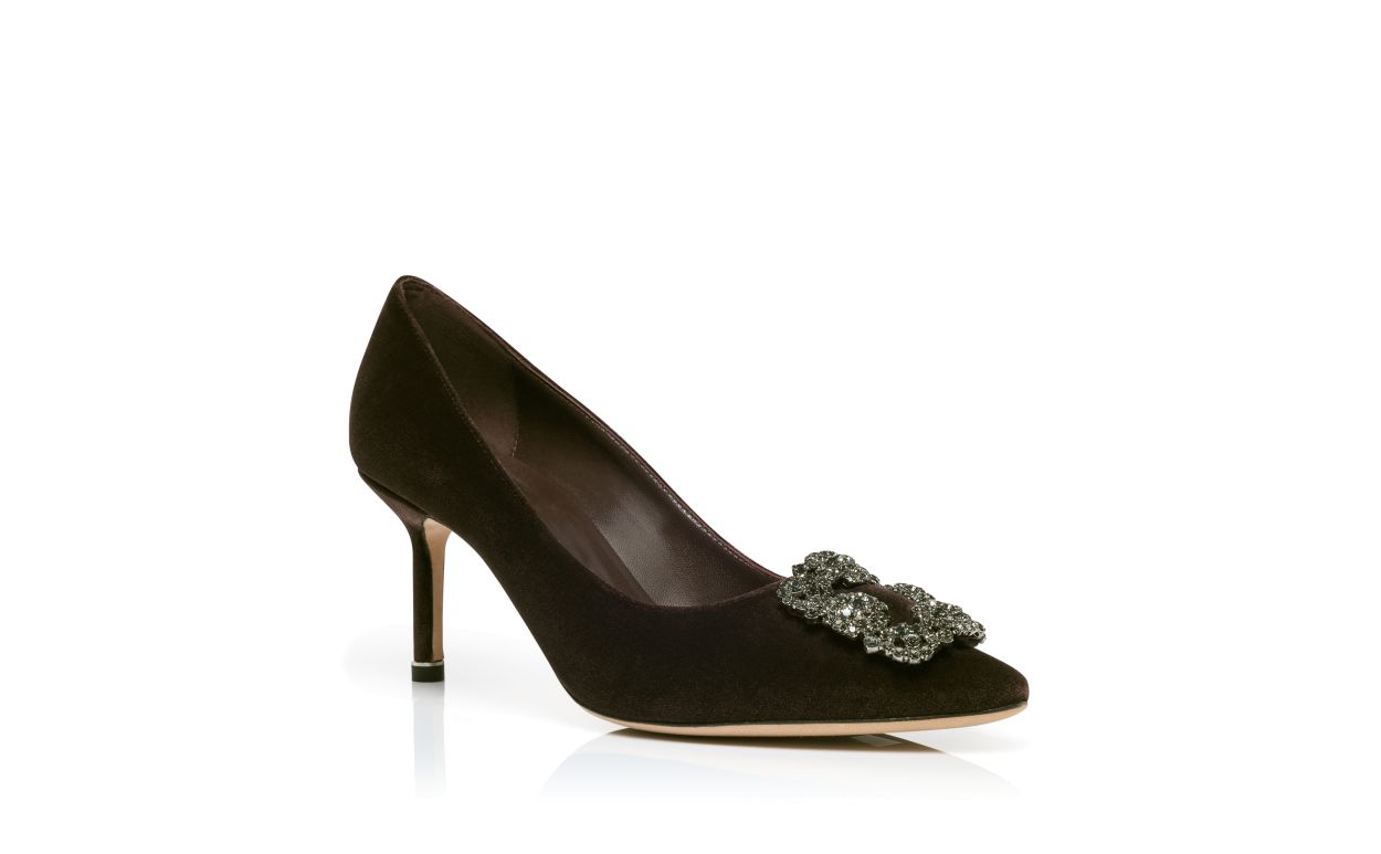 Designer Dark Brown Velvet Jewel Buckle Pumps - Image Upsell