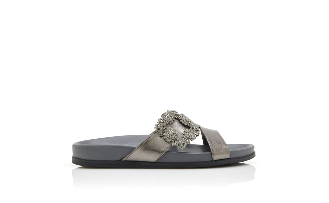 Designer Graphite Nappa Leather Jewel Buckle Flat Mules - Image Side View