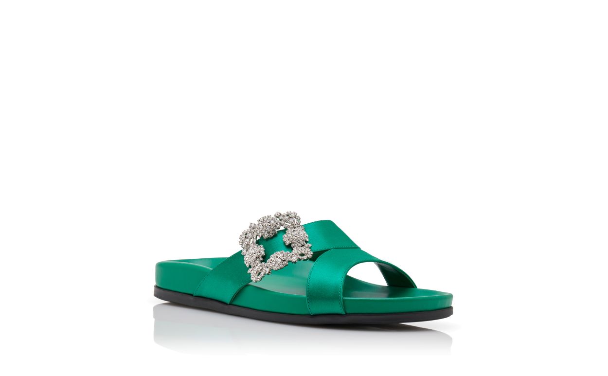 Designer Green Satin Jewel Buckle Flat Mules - Image Upsell