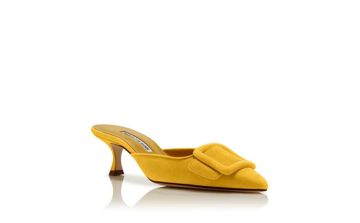 Designer Yellow Suede Buckle Mules - Image Upsell