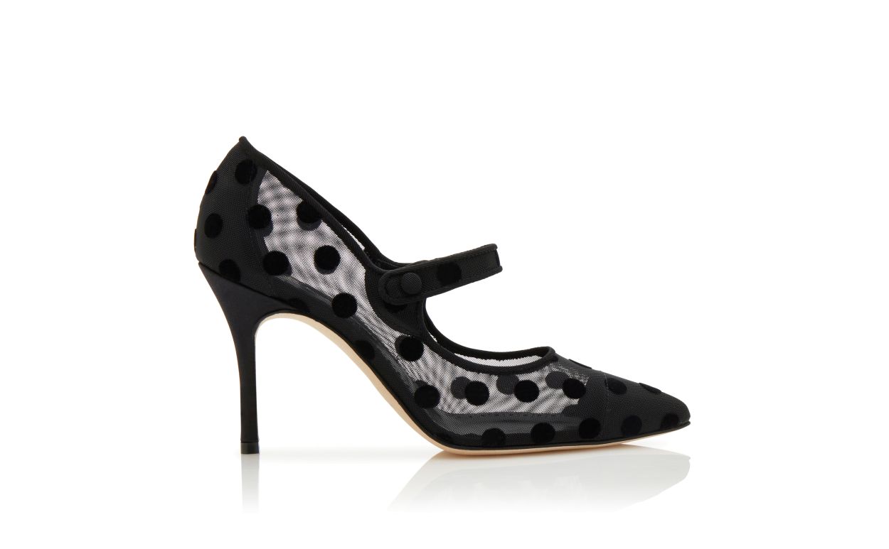 Designer Black Mesh Polka Dot Pointed Toe Pumps - Image Side View