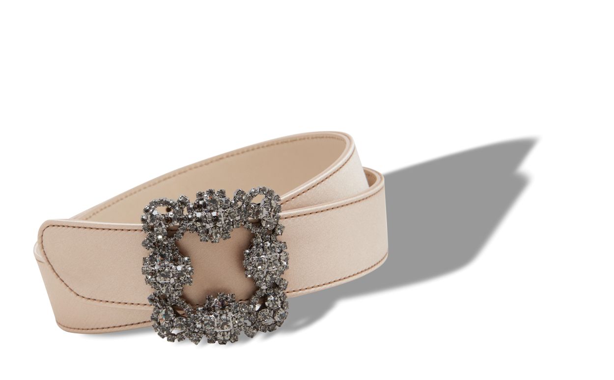 Designer Light Beige Satin Crystal Buckled Belt - Image Main