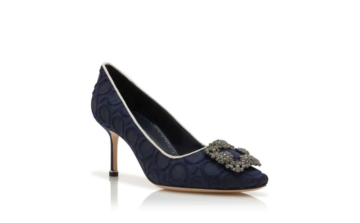 Designer Navy Blue Silk Jewel Buckle Pumps - Image Upsell View