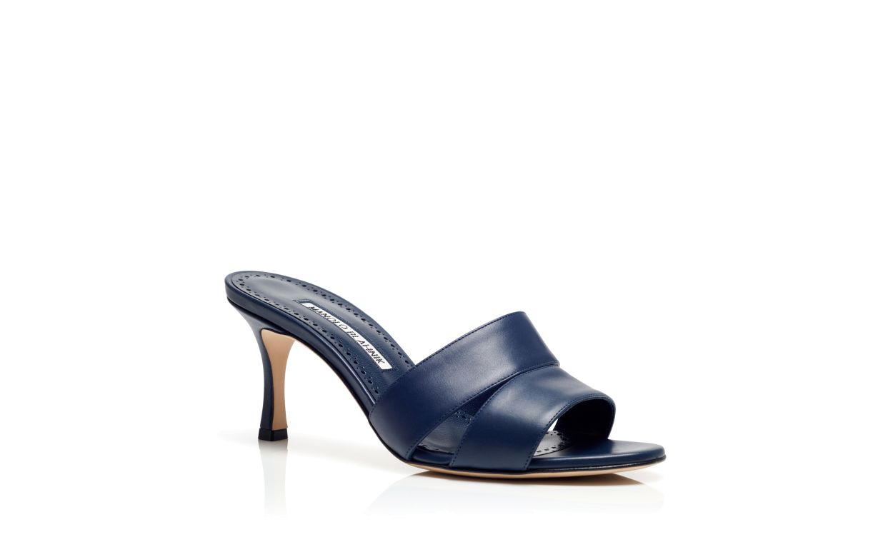 Designer Navy Blue Calf Leather Open Toe Mules - Image Upsell