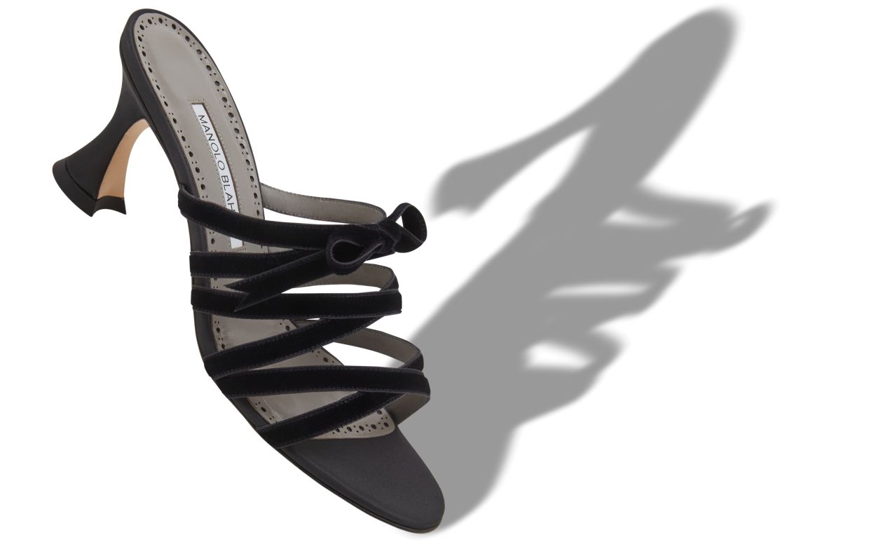Designer Black Silk Criss-Cross Mules - Image Main View