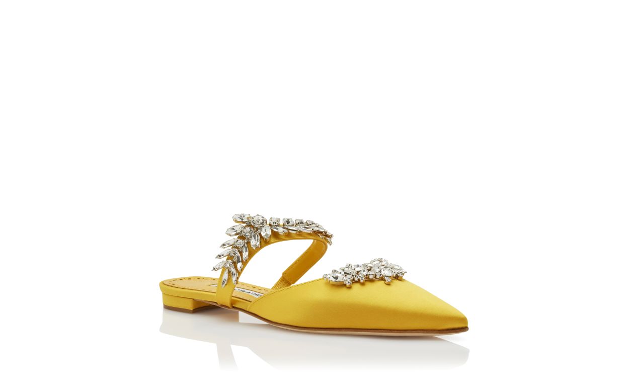Designer Yellow Satin Crystal Embellished Flat Mules - Image Upsell