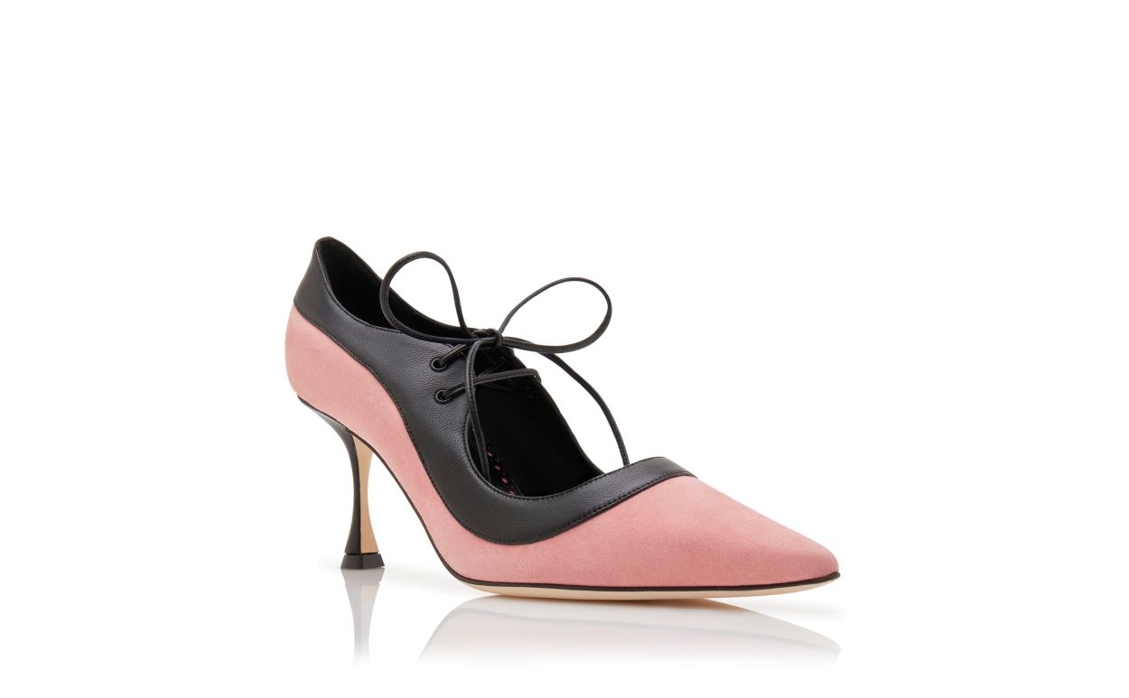 Designer Pink and Black Suede Lace-Up Pumps - Image Upsell
