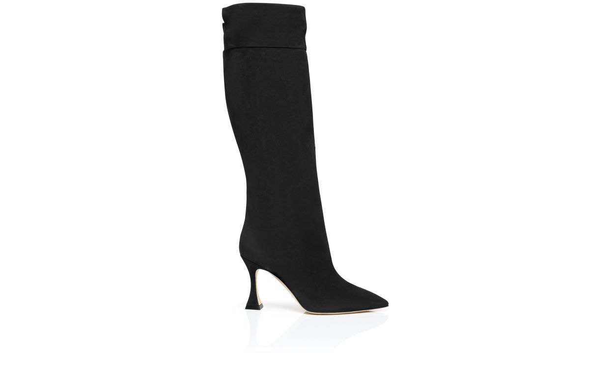 Designer Black Suede Knee High Boots  - Image Side View