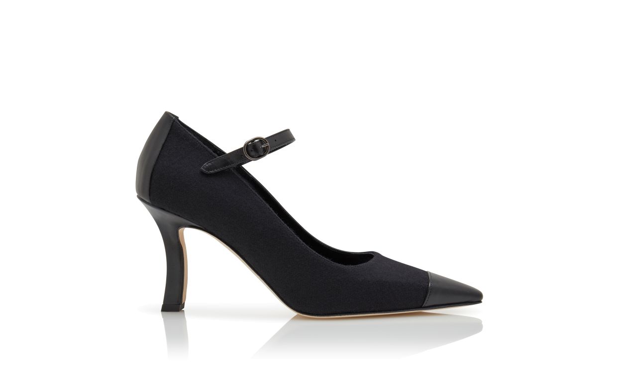 Designer Black Wool Mary Jane Pumps - Image Side View