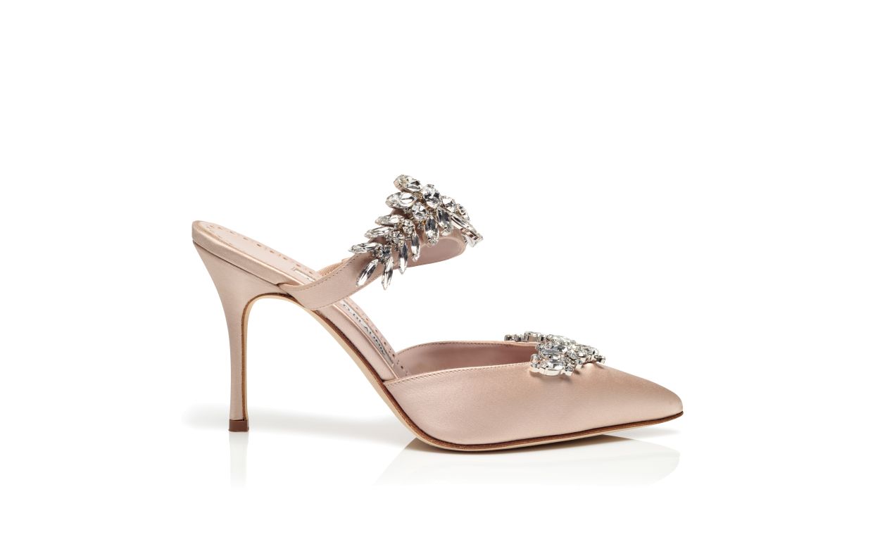 Designer Light Beige Satin Crystal Embellished Mules - Image Side View