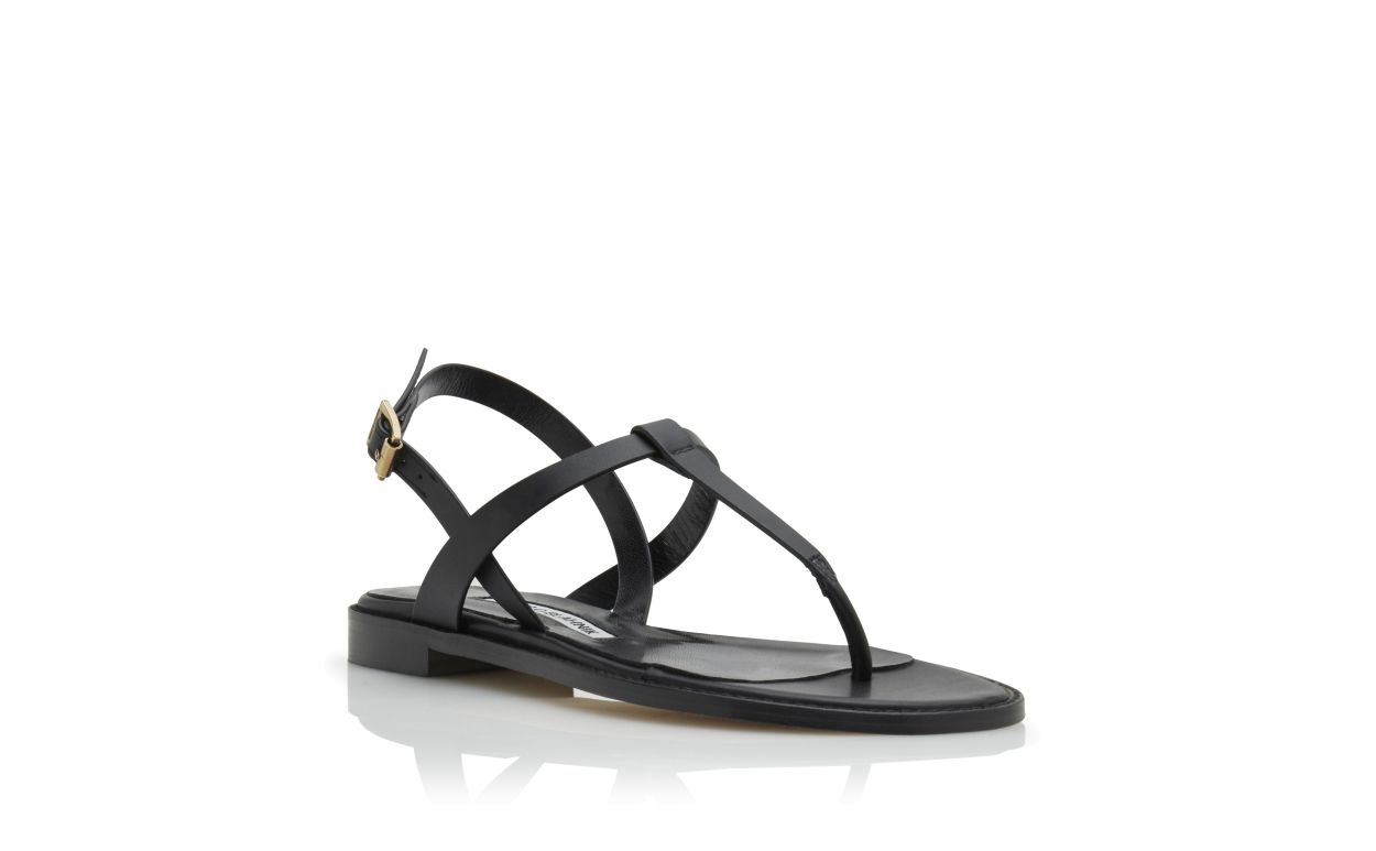 HATA | Black Calf Leather Flat Sandals | Manolo Blahnik