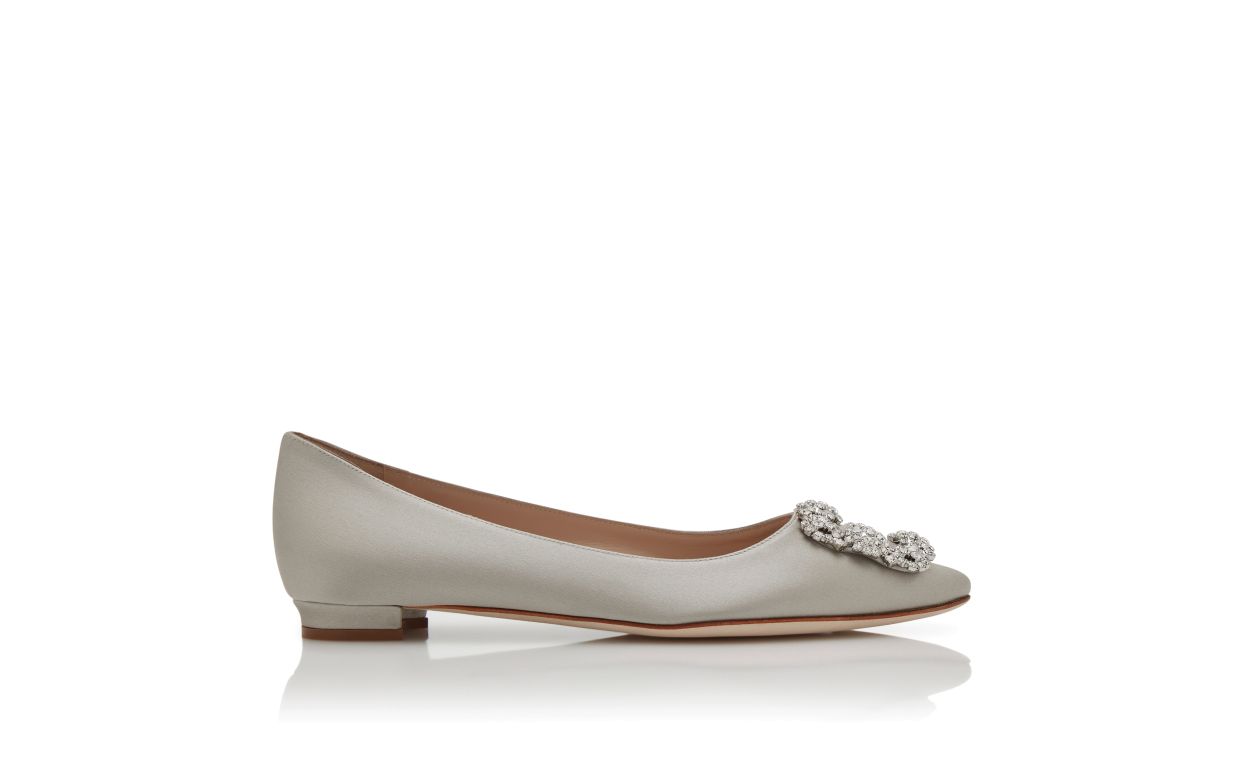 HANGISIFLAT | Grey Satin Jewel Buckle Flat Pumps | Manolo Blahnik