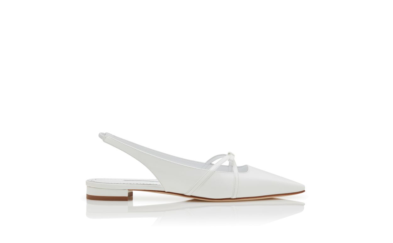 Designer White Patent Leather Bow Detail Slingback Flat Pumps - Image Side View