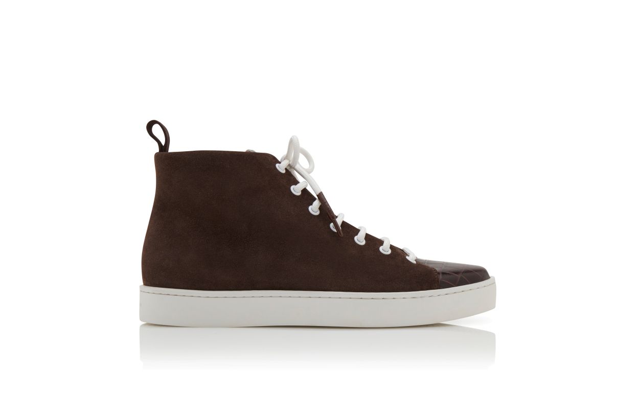 Designer Brown Calf Leather Lace Up Sneakers - Image Side View