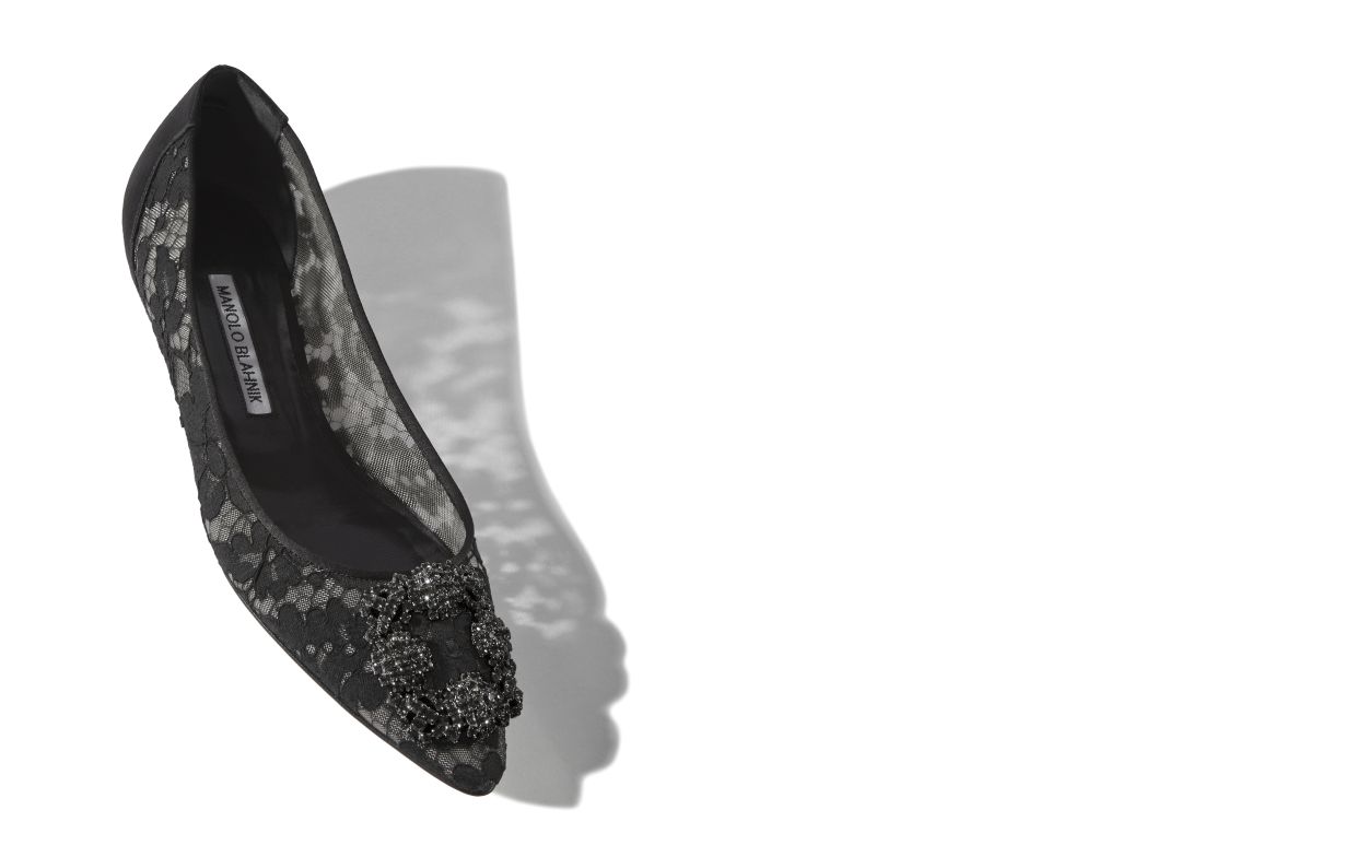 Designer Black Lace Jewel Buckle Flats - Image Main
