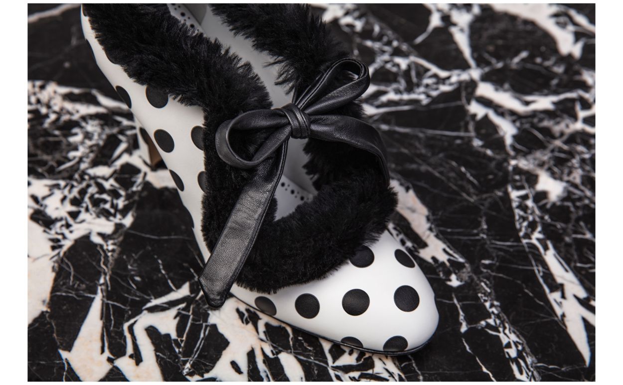 Designer Monochrome Crepe De Chine Polka Dot Pumps  - Image 