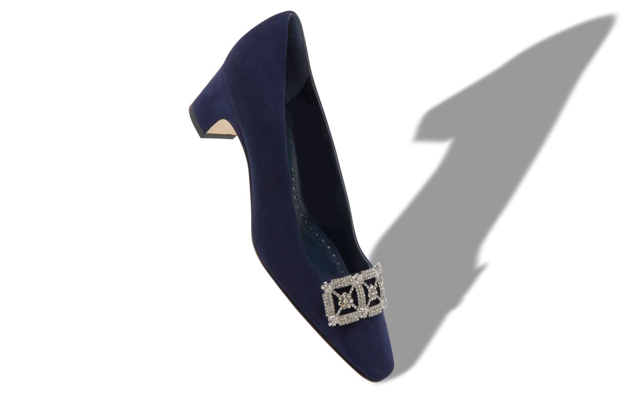 Designer Navy Blue Suede Jewel Embellished Pumps - Image Main