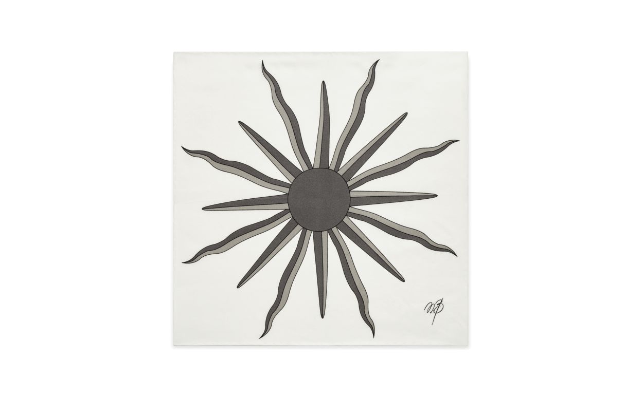 Designer Ivory and Grey Silk Sunburst Pocket Square - Image Side View