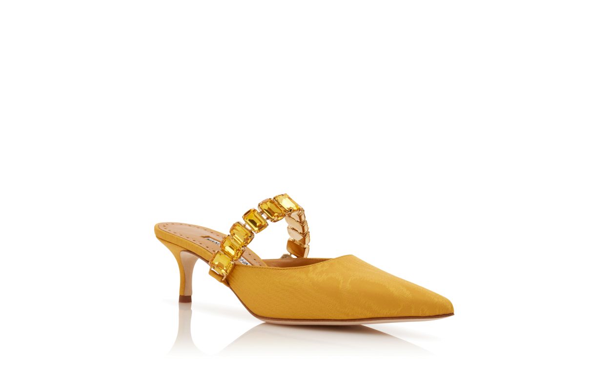 Designer Yellow Moire Jewel Strap Mules - Image Upsell