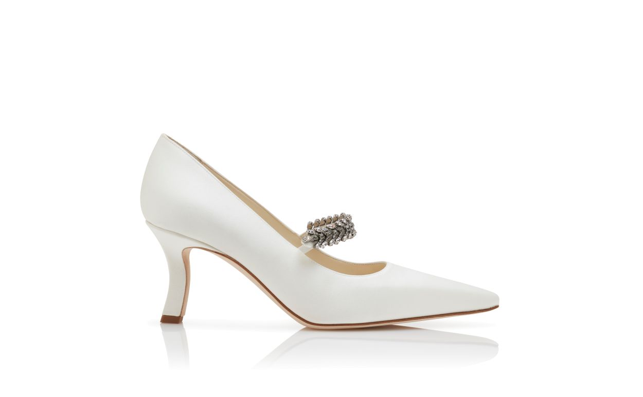 Designer White Satin Jewel Embellished Pumps - Image Side View