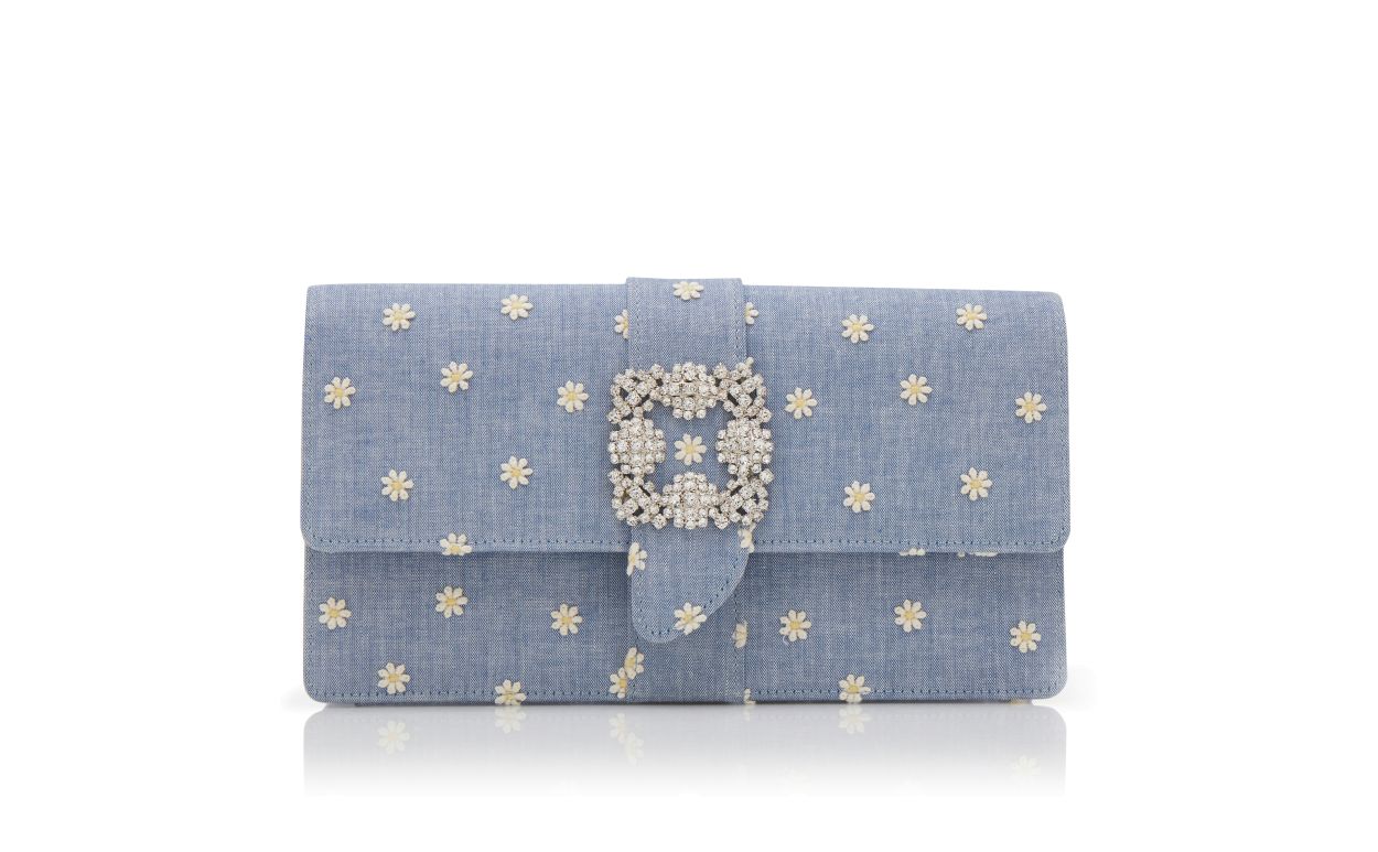 Designer Blue and White Chambray Jewel Buckle Clutch - Image thumbnail