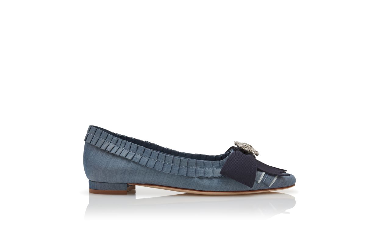 Designer Blue Silk Bow Detail Flat Pumps - Image Side View