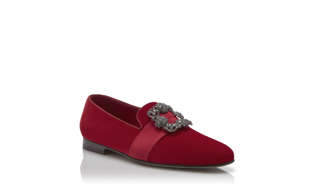 Designer Red Velvet Jewelled Buckle Loafers - Image Upsell