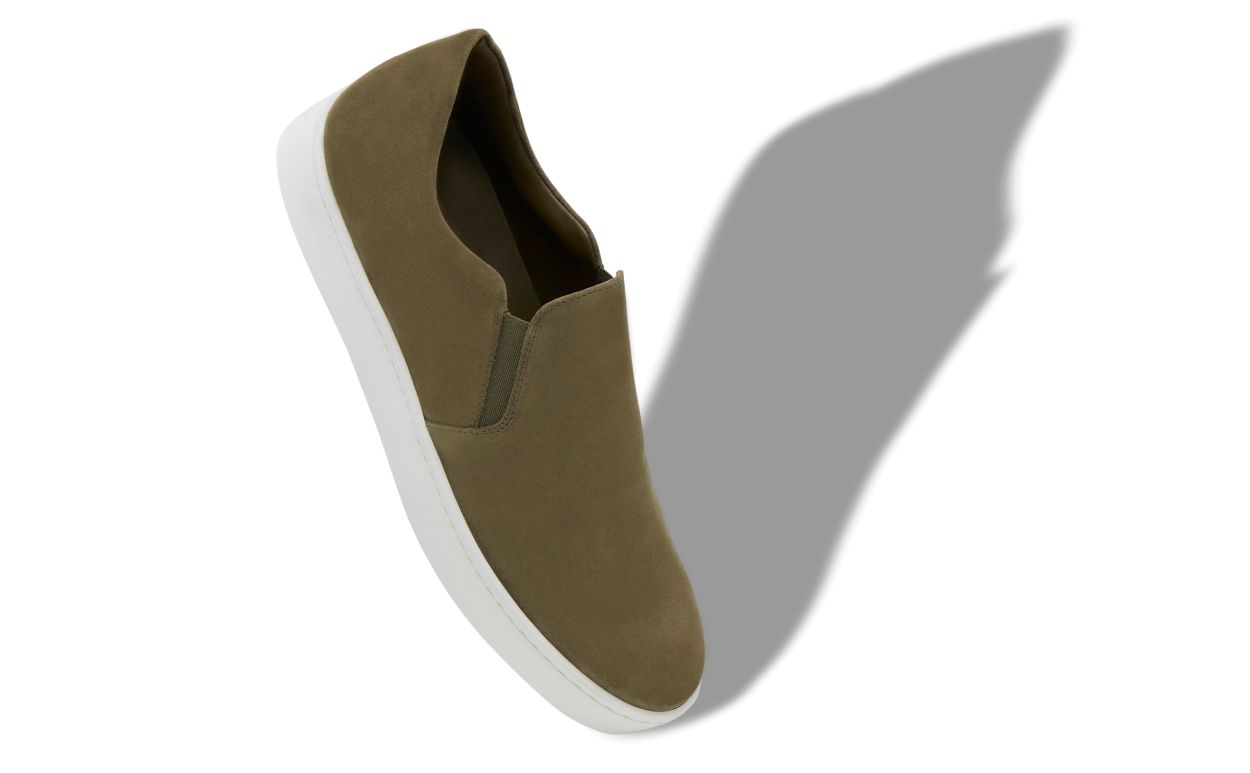 Designer Khaki Green Suede Slip-On Sneakers - Image Main