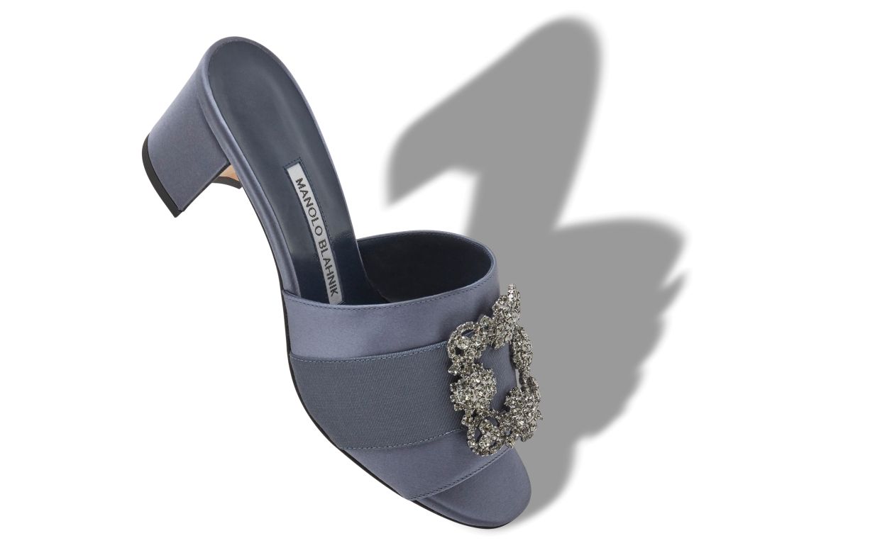 Designer Blue-Grey Satin Jewel Buckle Mules - Image Main